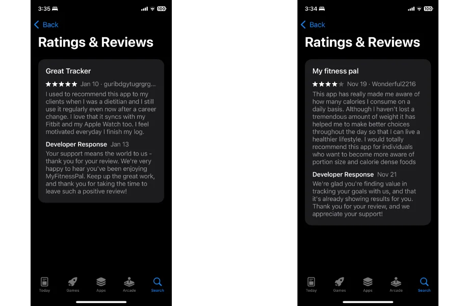 MyFitnessPal customer reviews from the Apple App Store