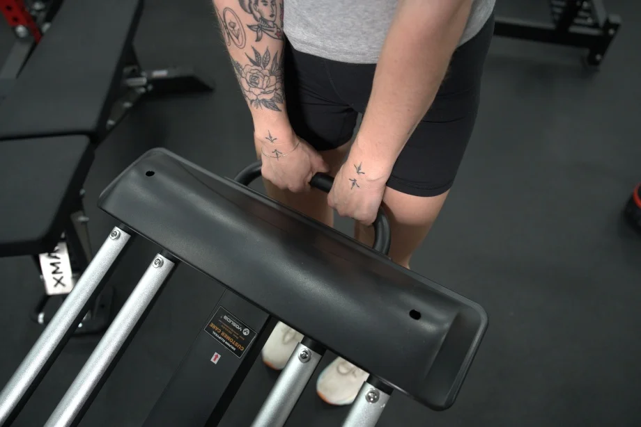 A close look at the handle for moving and storing a Yosuda Dolphin Elliptical