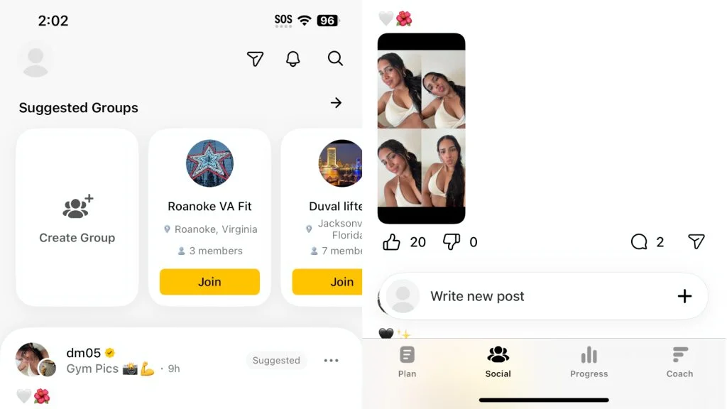 Screenshots of the Social tab in the fitia app.