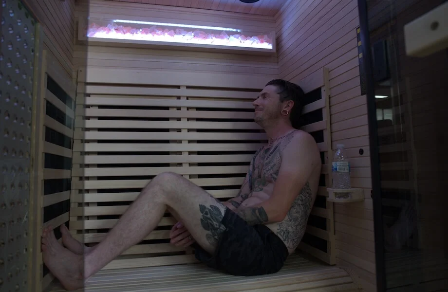 Our tester finishing up their sauna session in the Relaxe Caldera Infrared Sauna
