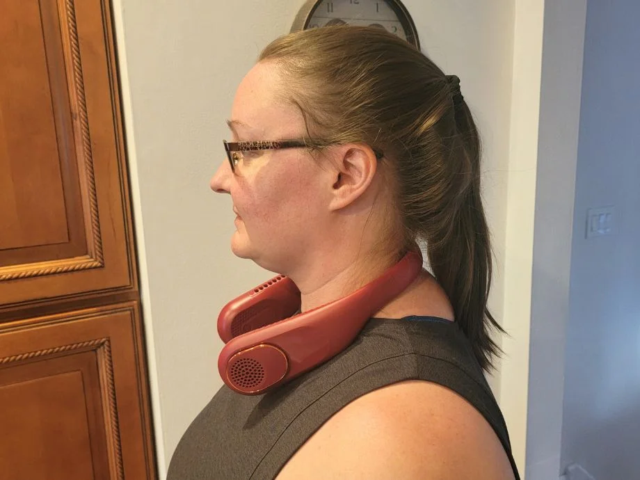 A side image of a woman wearing the SWEETFULL Portable Neck Fan