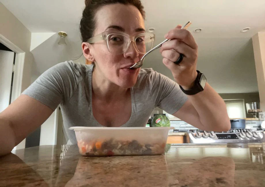 Our tester eats a premade beef stirfry from the Dinnerly meal delivery service.