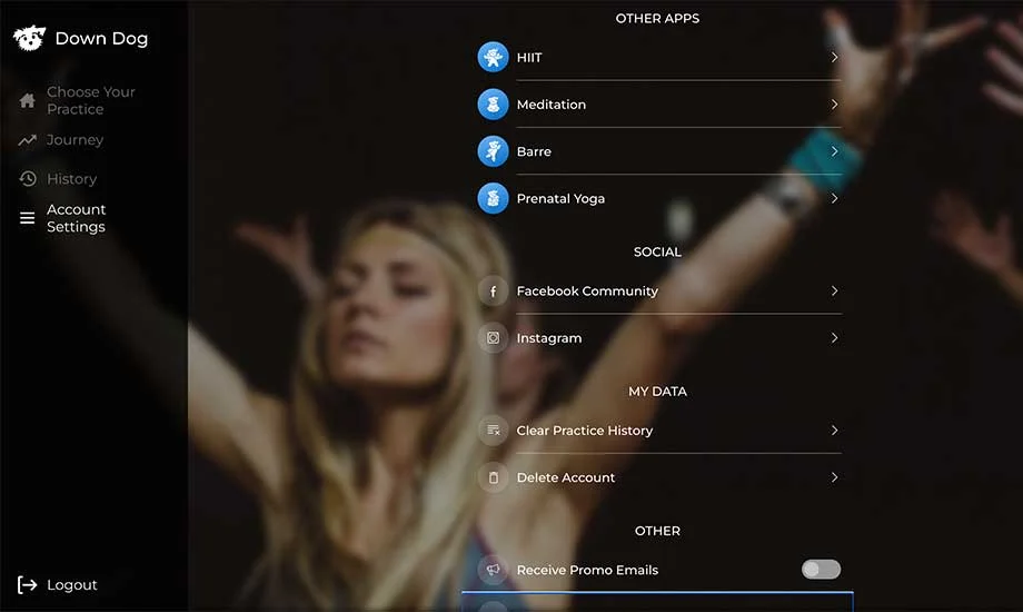 Account settings within Down Dog Yoga app