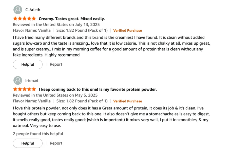 Amazon customer reviews for Orgain Grass-Fed Whey Protein