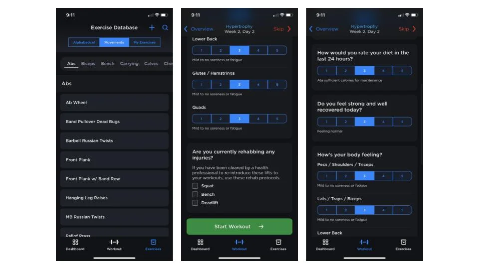 Screenshots of the JuggernautAI app showing various parts of the workout and profile dashboards