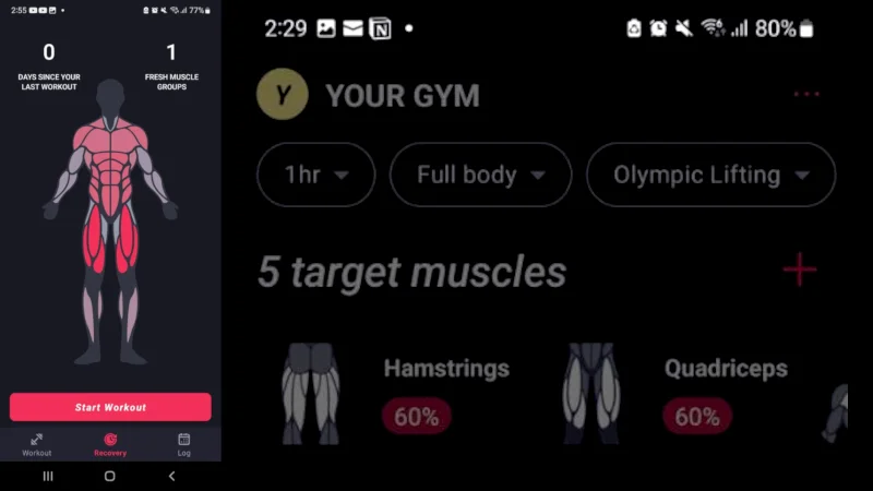 Images from the Fitbod app showing workouts that target specific muscle groups