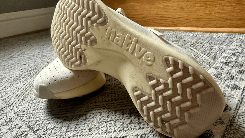 A close look at the tread on a pair of Native Apollo 10 recovery shoes.