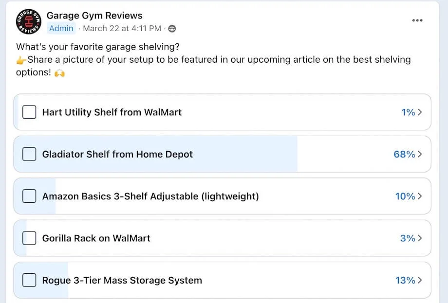 facebook poll on garage shelving
