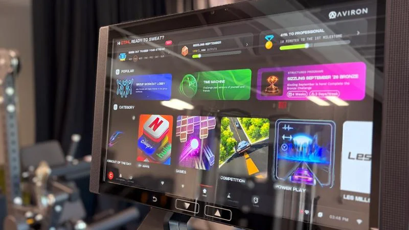 Apps shown on the touchscreen of an Aviron Justice Treadmill