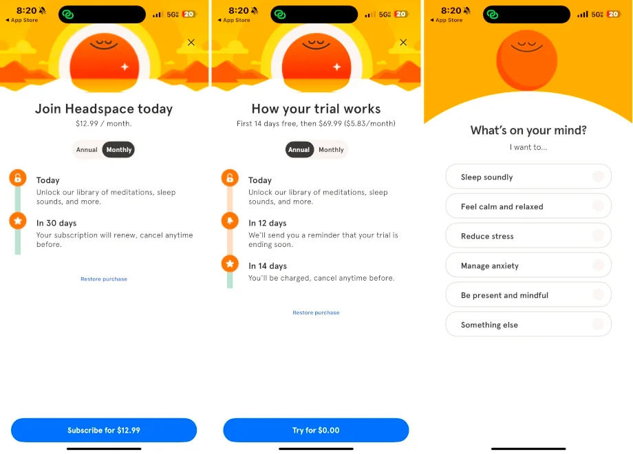 Headspace pricing and trial period screenshots