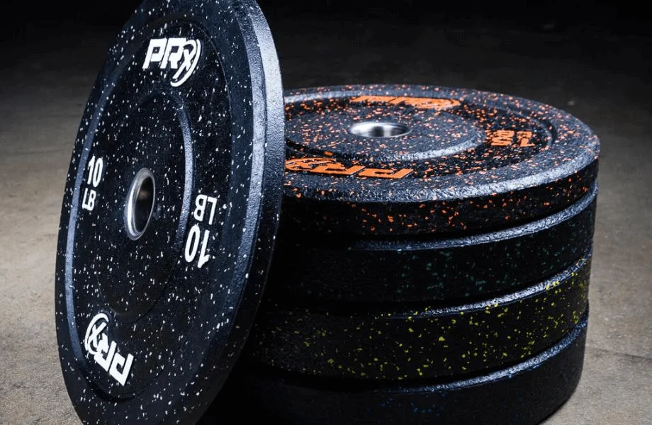 A stack of PRx Crumb Rubber Bumper Plates