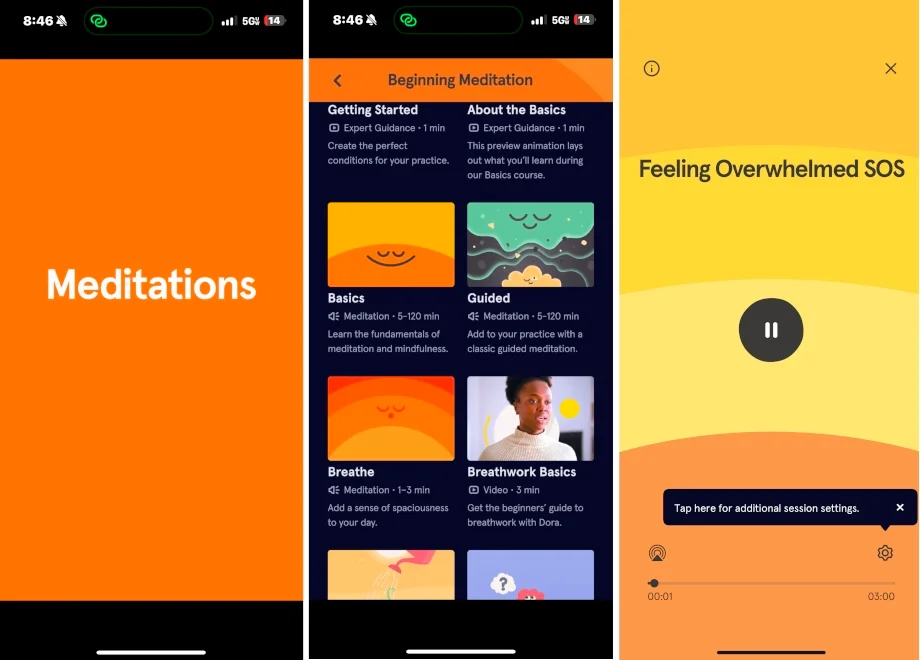 Screenshots from the Headspace app.