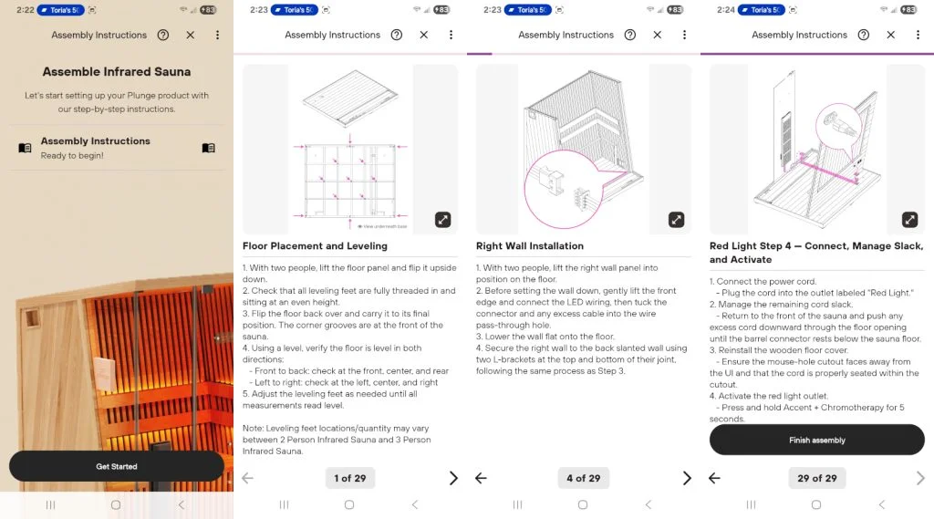 Screenshots of the assembly instructions for a Plunge Infrared Sauna Pro XL.