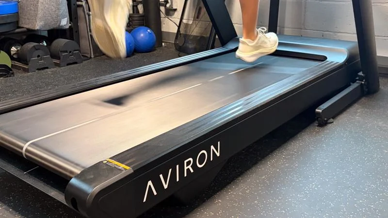 Looking at the running deck on an Aviron Podium Treadmill