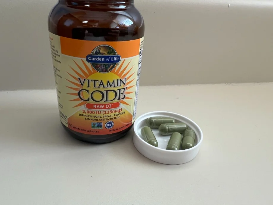 Garden of Life Vitamin D capsules in front of the bottle