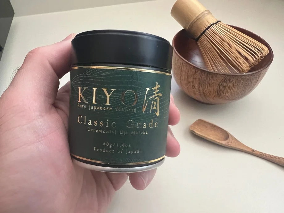 Our tester holding a tin of Kiyo Ceremonial Matcha