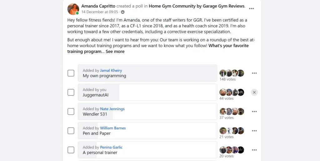 a poll posted in the Home Gym Community Facebook group asking members what online training plan they follow.