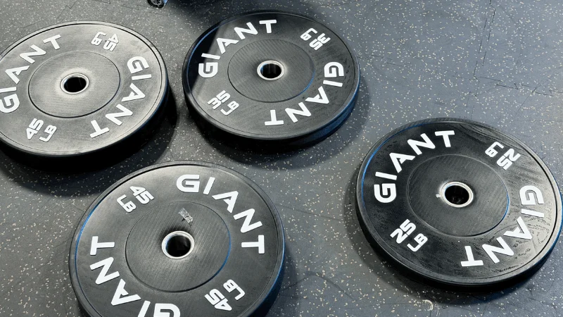An assortment of GIANT Lifting Base Bumper Plates on a gym floor