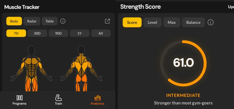 Screenshots showing strength-tracking metrics from Boostcamp.