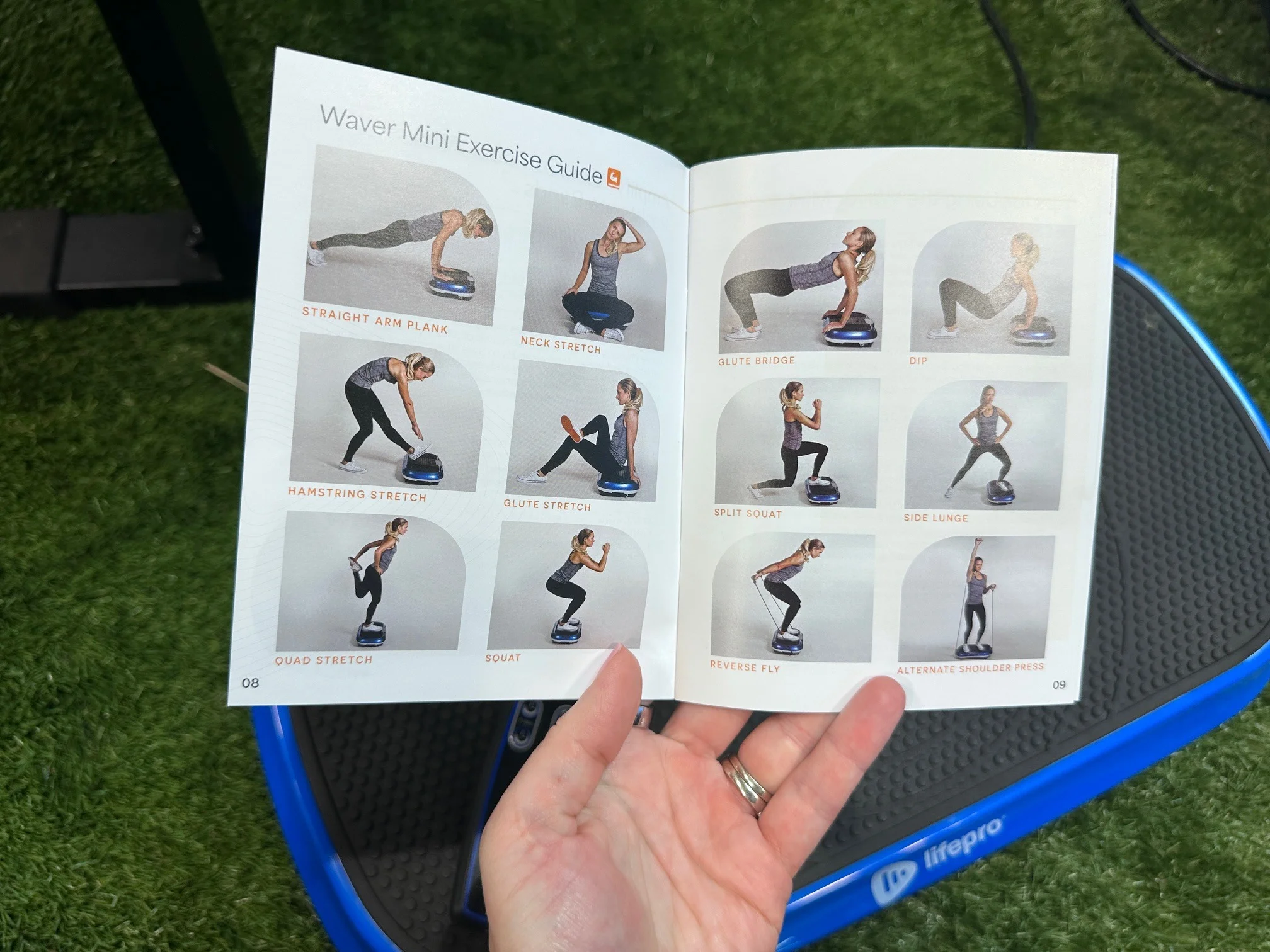 A close look at the instruction booklet for a LifePro Waver Mini vibration plate.