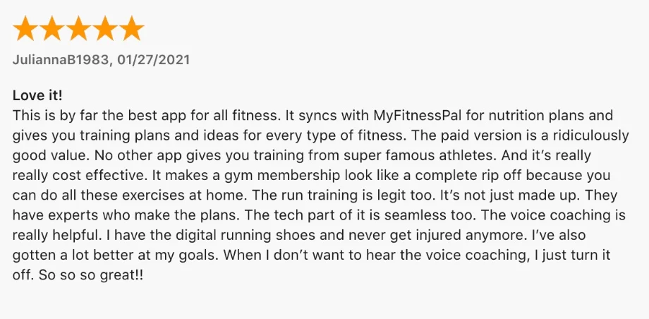 Screenshot of a 5-star MapMyFitness review.