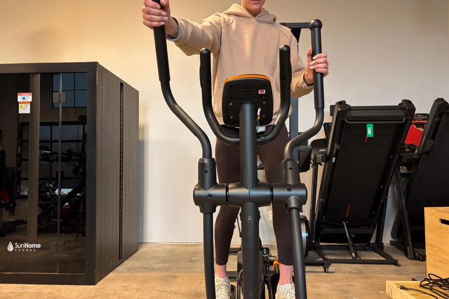 Our tester on the YOSUDA EM1 Long-Stride Magnetic Elliptical Machine