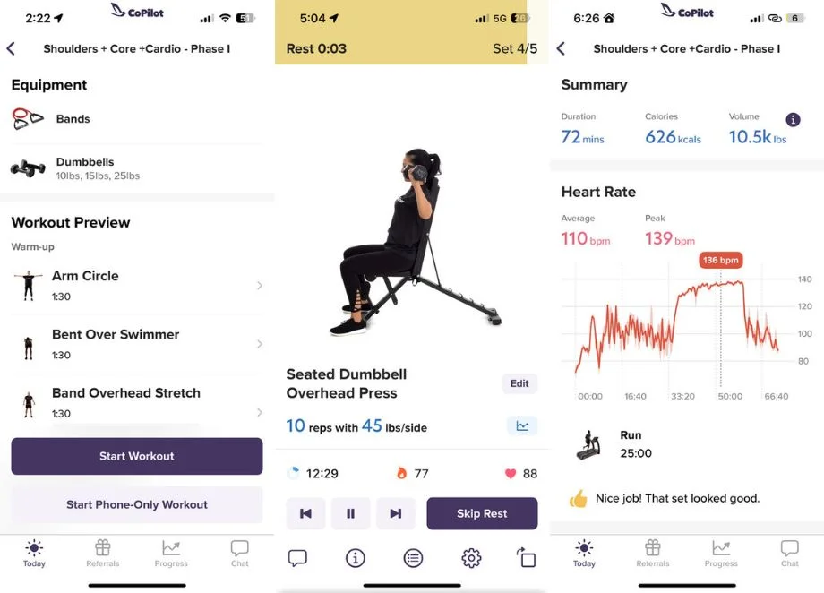 Screenshots of the Trainwell (formerly CoPIlot) App