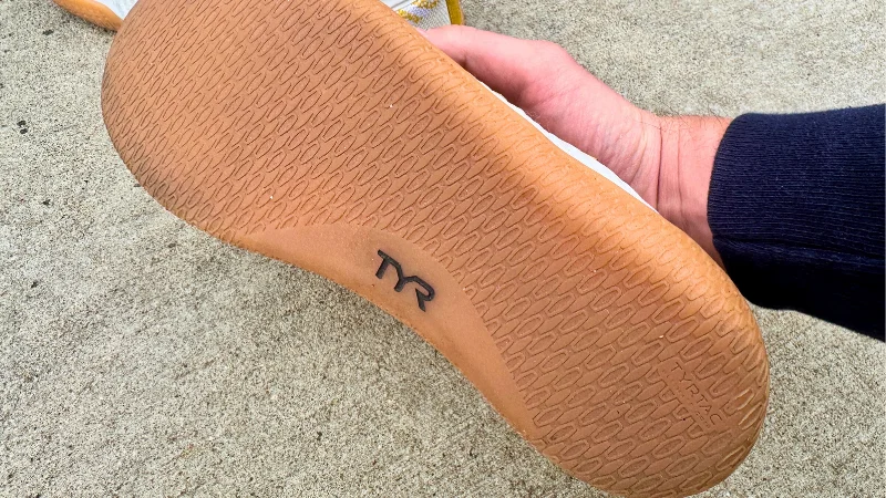 A close look at the sole of a TYR DZ-1 DropZero Barefoot Trainer.