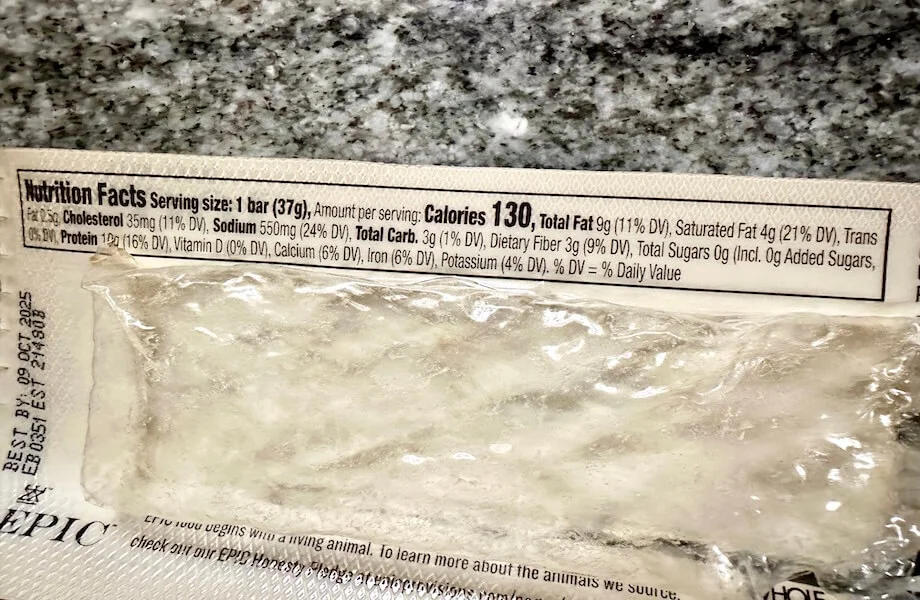 The nutrition facts on an opened wrapper of a Beef Sea Salt + Pepper Epic Protein Bar