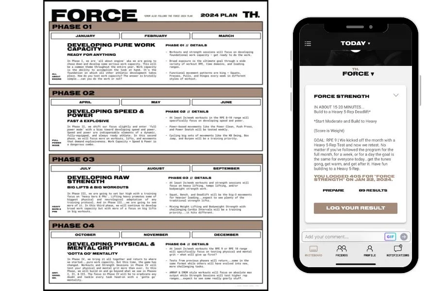 A screenshot of the Train Hard app showing workout programming plans. 