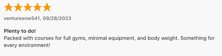 A 5-star Amazon review of the MVT Fitness App is shown