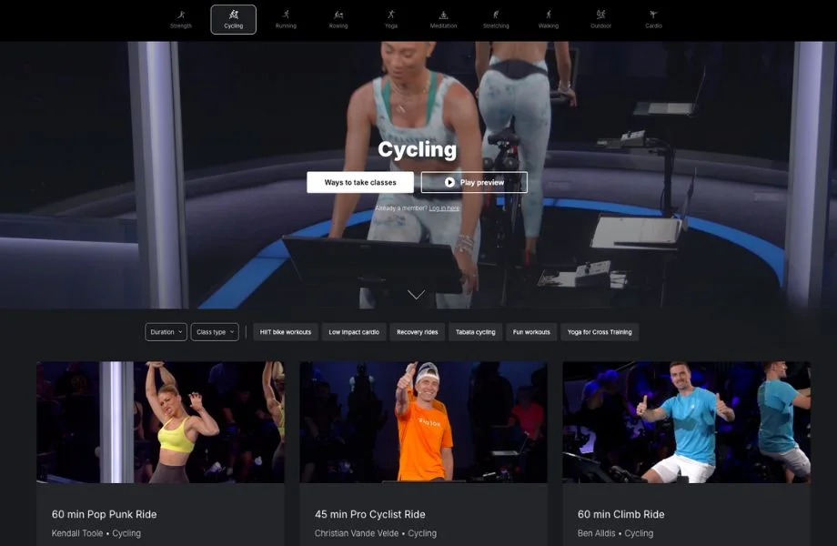 An image of the Peloton Bike touchscreen while choosing a class