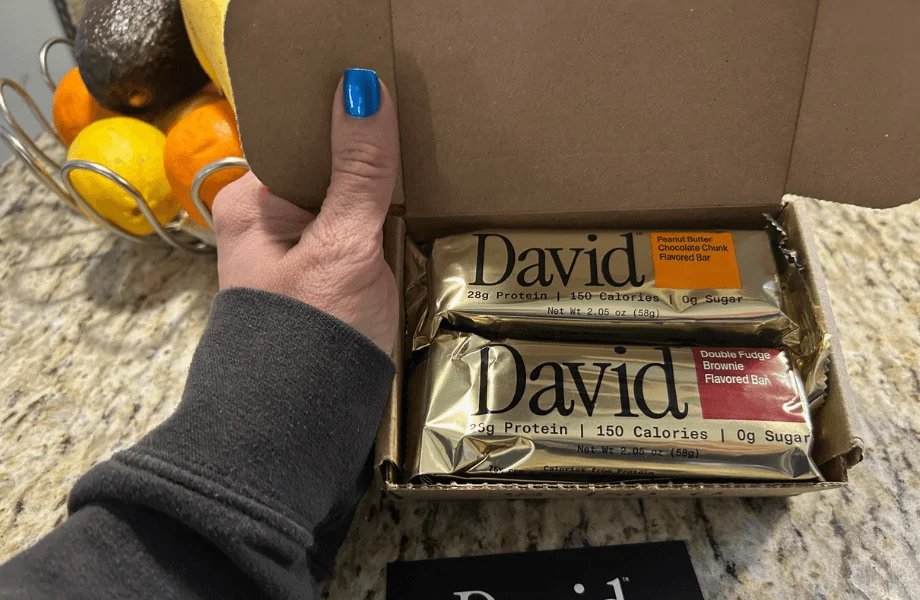 Our tester unboxing their order of David protein bars