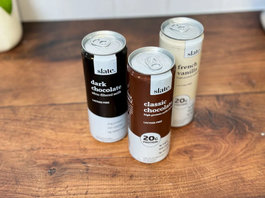 Three Slate Protein Shakes, viewed from slightly above.