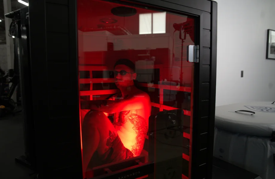 Our tester mid-session in the SaunaBox Solara infrared sauna