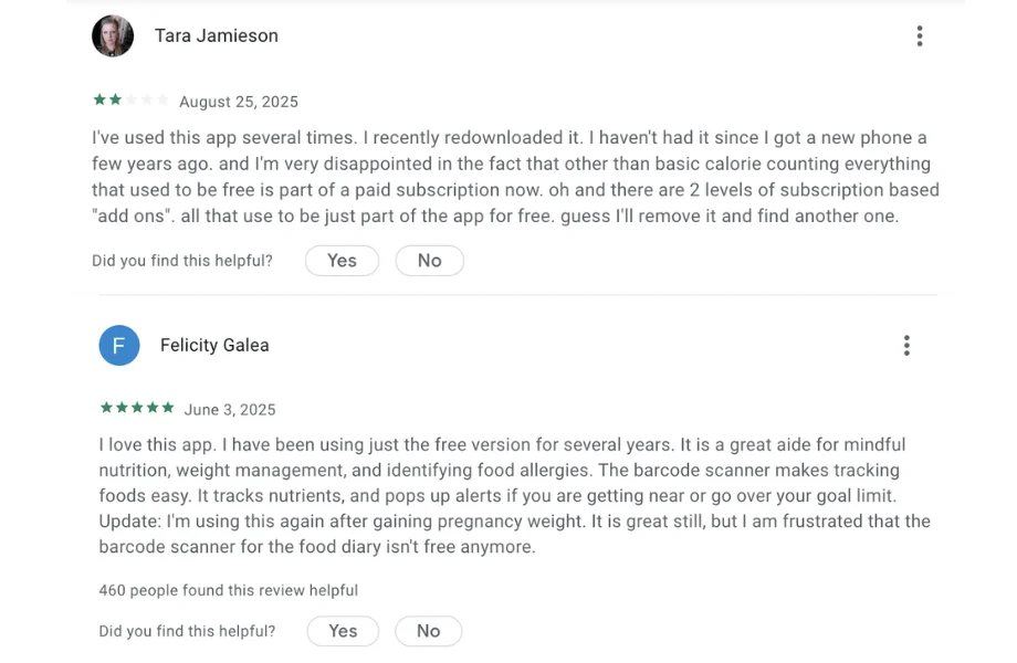 MyFitnessPal customer reviews from the Google Play Store