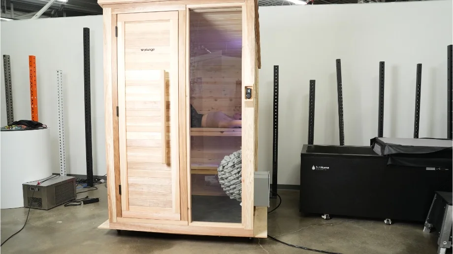 A full height view of the Plunge Sauna, with our tester inside.