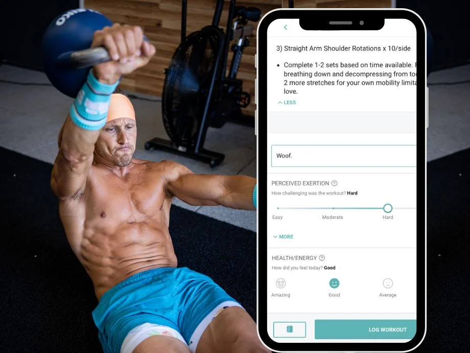 Image showing man exercising and an iPhone screenshot of a fitness program