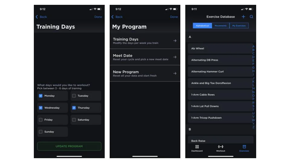 Screenshots of the JuggernautAI app showing various parts of the workout and profile dashboards