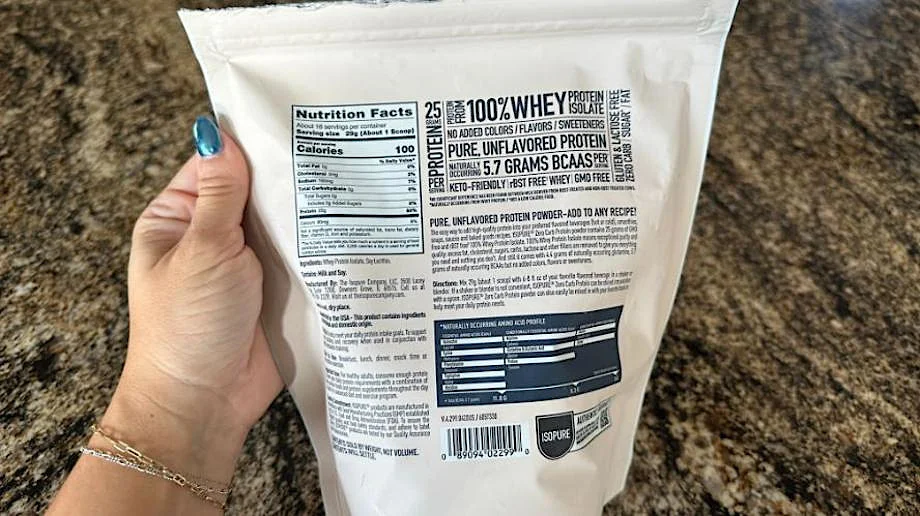 Isopure Protein Whey Unflavored back of the bag