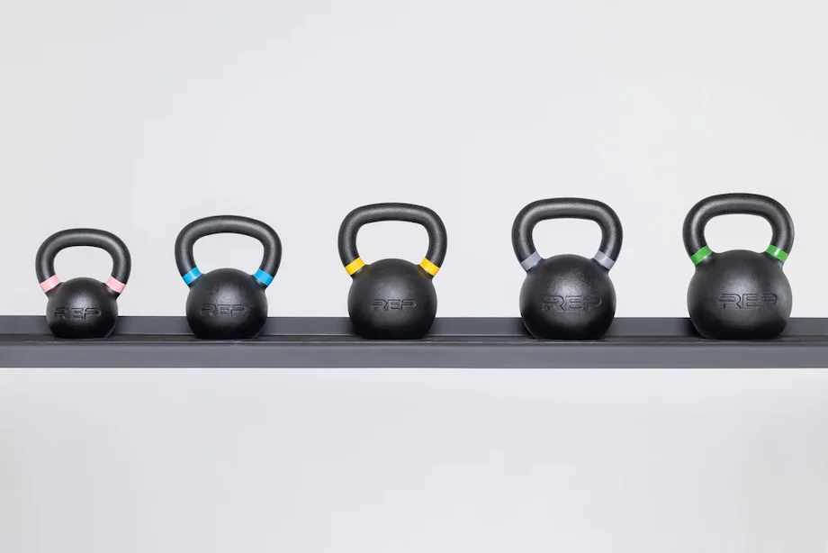A range of REP Fitness Kettlebells at different weights.