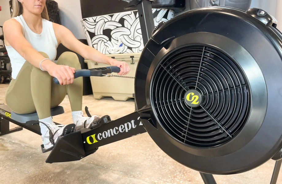 A closeup shot of a person using the Concept2 RowErg
