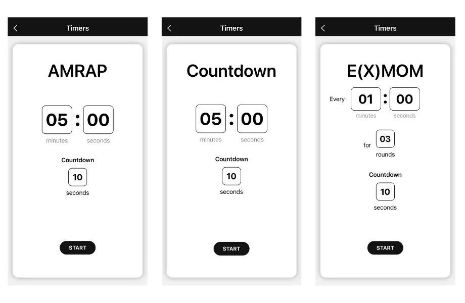 screenshots of the Train Hard app, showing various clock features available to users. 