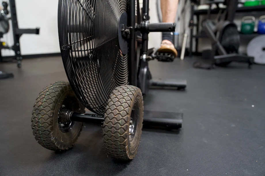 Close up shot of the wheels on the Fringe Sport Raptor Air Bike