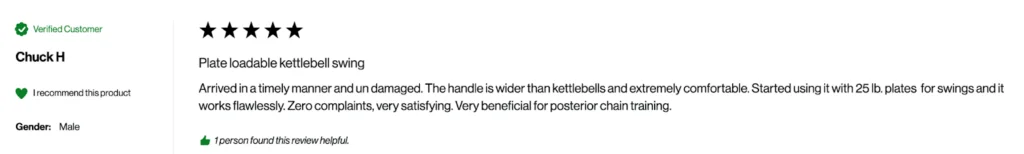 A screenshot of a review on the Titan Fitness website on the Plate-Loadable Kettlebell Swing
