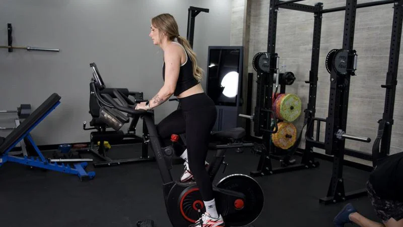 Our tester riding the Echelon EX-5 exercise bike