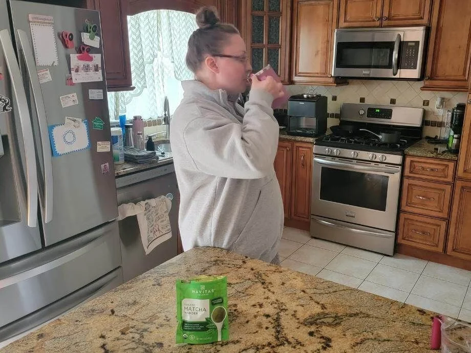 Our tester drinking Navitas Matcha Powder