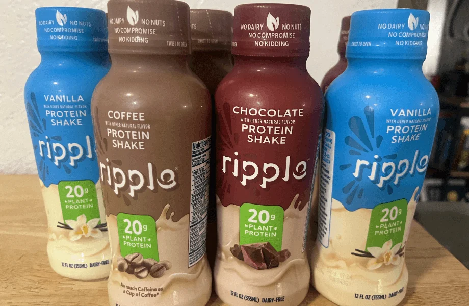 Bottles of Ripple Vegan Protein Shake in a variety of flavors