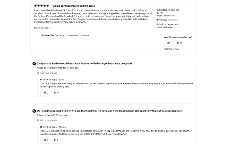 Online customer reviews for the Bowflex T6 treadmill