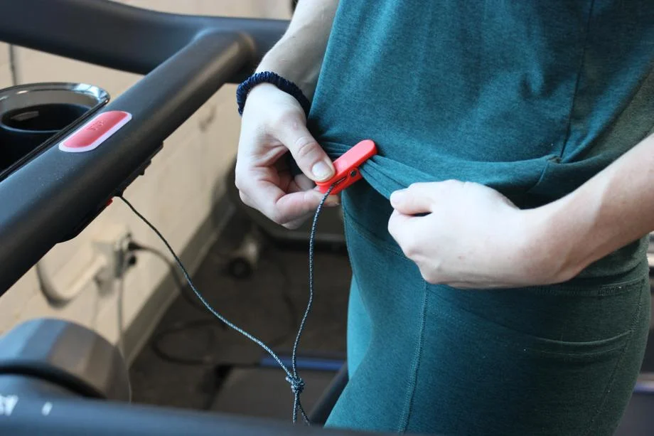 A close look at the safety clip for the Peloton Tread